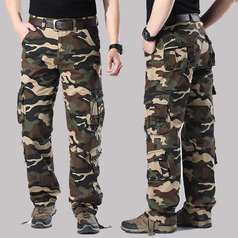 Men's Cotton Camouflage Cargo Pants Thick Straight Leg Tactical Multi Pocket Outdoor Military Training Bottom Pants