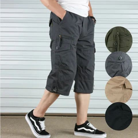 Pantalones Capri Cargo para Hombre Verano Algodón Sueltos Multibolsillos Largo 3/4 Pantalones Cortos Informales Coreanos con Cordón Pantalones Tácticos