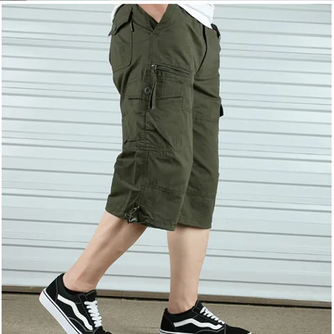 Pantalones Capri Cargo para Hombre Verano Algodón Sueltos Multibolsillos Largo 3/4 Pantalones Cortos Informales Coreanos con Cordón Pantalones Tácticos