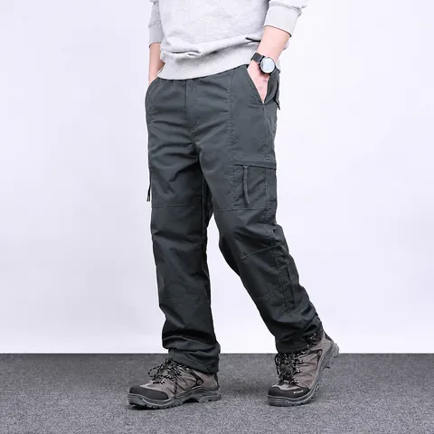 Herren Winter Fleece Gefüttert Cargo Hose Verdickt Warm Arbeitshose Verschleißfest Reißfest Locker Gerade Unterteil