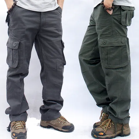 Men's Casual Cotton Cargo Pants Straight Fit Multi-Pocket Outdoor Work Trousers Loose Plus Size Solid Color Long Pants