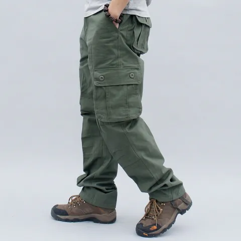 Men's Casual Cotton Cargo Pants Straight Fit Multi-Pocket Outdoor Work Trousers Loose Plus Size Solid Color Long Pants