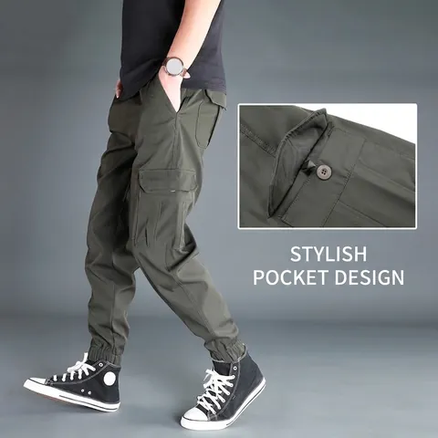 Men Casual Polyester Cargo Pants Quick Dry Loose Fit Multi-Pocket Jogger Sweatpants Streetwear Solid Color Camouflage Pants For Men