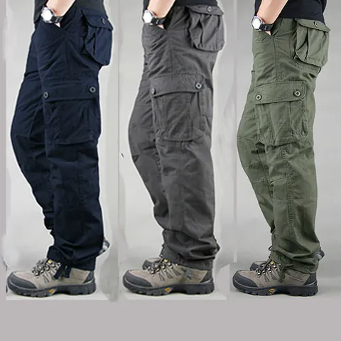Herren Casual Baumwolle Cargohose Dick Locker Gerade Schnitt Multi Taschen Arbeitshose Outdoor Herbst Winter Hose