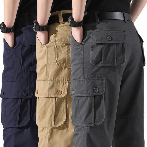 Herren Casual Cargo-Hose Baumwolle Outdoor Mehrere Taschen Gerade Bein Lockere Arbeitshose Komfortable Wandern Verschleißfestigkeit Hose