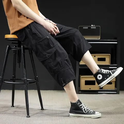 Men Summer Thin Cargo Capri Pants Casual Loose Multi Pocket Cotton Washed Breathable Outdoor Work Sport Shorts Bottom