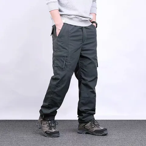 Herren Winter Fleece Gefüttert Cargo Hose Verdickt Warm Arbeitshose Verschleißfest Reißfest Locker Gerade Unterteil