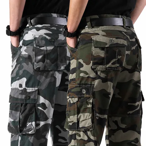 Men's Camouflage Cargo Pants Multi-pocket Casual Loose Straight Leg Tactical Cotton Camo Trousers Outdoor Wear-resistant Work Pants