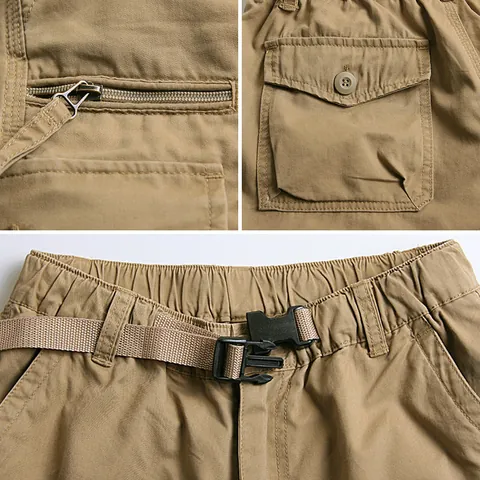 Men's Multi-Pocket Cargo Capri Pants Pure Cotton Washed Solid Color Casual Wear-Resistant Cropped Outdoor Sport Bottoms