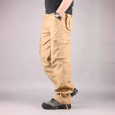 Herren Baumwolle Cargo Hose Lockerer Schnitt Multi-Tasche Outdoor Casual Arbeitshose Einfarbig Gewaschen Unterteil Verschleißfeste Hose