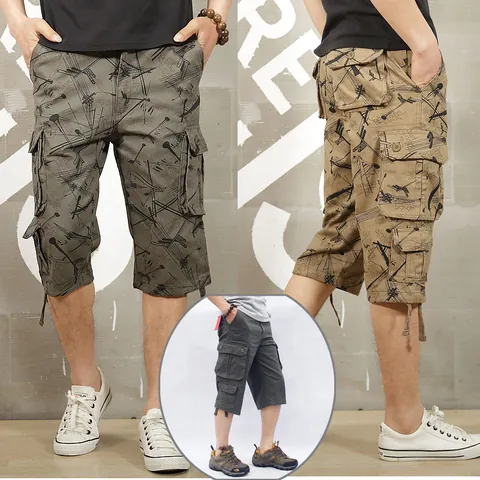 Men Cotton Cargo Capri Pants Multi Pockets Graffiti Letter Print Loose Straight Leg Bottoms With Belt Streetwear
