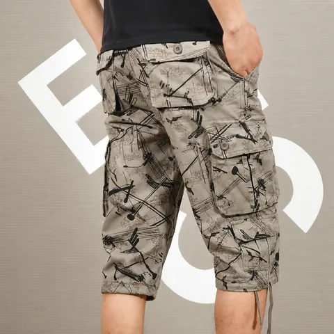 Herren Baumwolle Cargo Capri Hose Multi Taschen Graffiti Buchstaben Druck Locker Gerade Bein Unterteil Mit Gürtel Streetwear