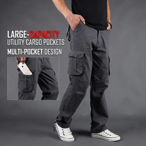 Men's Multi-Pocket Cargo Pants Cotton Loose Straight Leg Workwear Casual Long Trousers Wear Resistant Bottom Trousers