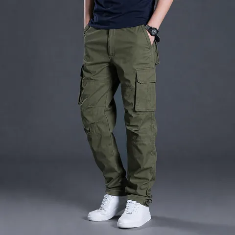 Men's Winter Fleece Lined Cotton Cargo Pants Loose Straight Multi-Pocket Thick Warm Casual Trousers Solid Color Bottom
