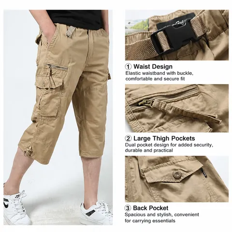 Men's Outdoor Casual Cargo 3/4 Pants Loose Fit Multi-Pocket Cotton Thin Shorts Drawstring Hem Solid Color Capris Bottom