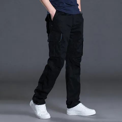 Men's Winter Fleece Lined Cotton Cargo Pants Loose Straight Multi-Pocket Thick Warm Casual Trousers Solid Color Bottom