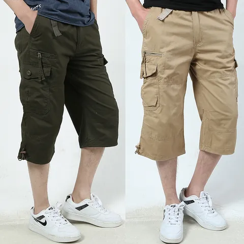 Men's Outdoor Casual Cargo 3/4 Pants Loose Fit Multi-Pocket Cotton Thin Shorts Drawstring Hem Solid Color Capris Bottom