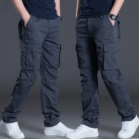 Herren Casual Baumwolle Cargo-Hose Mehrere Taschen Outdoor Gerade Bein Arbeitshose Einfarbig Lockere Passform Bottoms