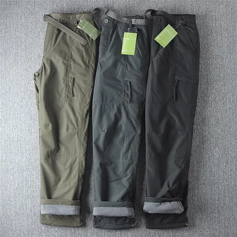 Men's Winter Fleece Lined Cargo Pants Thick Outdoor Hiking Trousers Multi Pocket Straight Fit Warm Tactical Pants With Belt