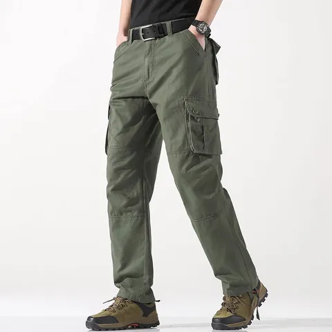 Pantalones Cargo de Hombre de Pierna Recta Holgada Algodón Casual Trabajo Resistente al Desgaste Bolsillos Múltiples Cintura Alta Otoño