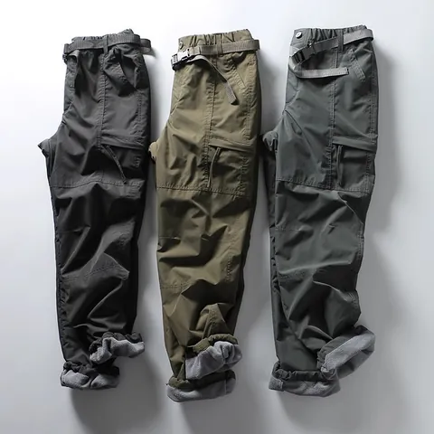Men's Winter Fleece Lined Cargo Pants Thick Outdoor Hiking Trousers Multi Pocket Straight Fit Warm Tactical Pants With Belt