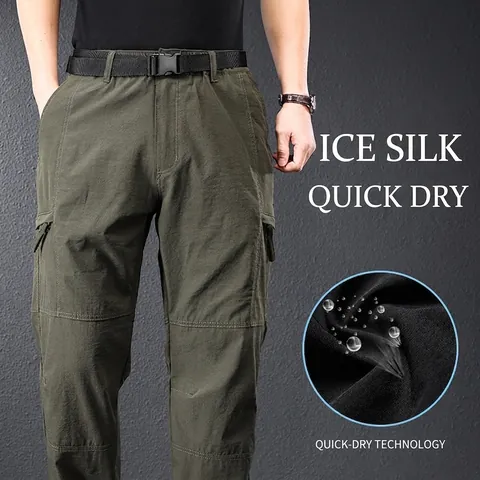 Herren Ice Silk Cargo Hose Sommer Dünne Schnelltrocknende Outdoor Gerade Lose Übergröße Freizeithose Mit Gürtel