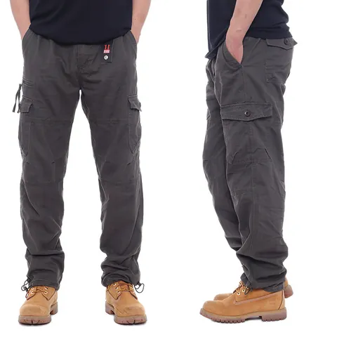 Men's Pure Cotton Cargo Pants Multi-Pocket Loose Fit Casual Work Trousers Elastic Waist Drawstring Hem Straight Leg Trousers
