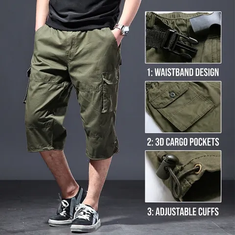Men's Summer Thin Cotton Cargo Cropped Pants Loose Fit Multi-Pocket Casual Outdoor Beach Shorts With Drawstring Hem