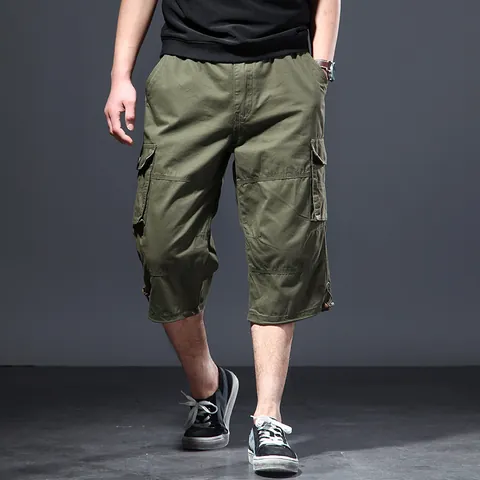 Men's Summer Thin Cotton Cargo Cropped Pants Loose Fit Multi-Pocket Casual Outdoor Beach Shorts With Drawstring Hem