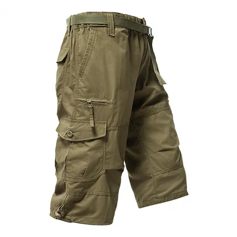 Men Summer Pure Cotton Thin Cargo Pants Loose Straight 7-Point Capri Shorts Multi-Pocket Casual Utility Bottoms With Belt