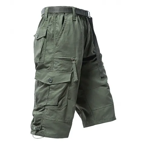 Men Summer Pure Cotton Thin Cargo Pants Loose Straight 7-Point Capri Shorts Multi-Pocket Casual Utility Bottoms With Belt