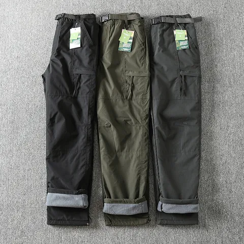 Men Outdoor Softshell Cargo Pants Windproof Waterproof Fleece Lined Winter Tactical Hiking Trousers Multi-Pocket Work Pants