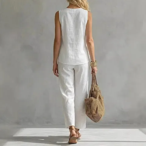 Ensemble Décontracté pour Femme Sans Manches Col Montant Col en V Haut Et Bas Polyester Couleur Unie Tenues de Vacances