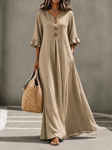 Vestido Maxi de Mujer Cuello en V Manga con Volantes Color Sólido Vestido Swing Holgado Con Bolsillos Retro Bohemio Vestido Largo