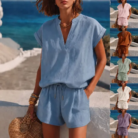 Dames Casual Effen Kleur V-hals Korte Mouw Bovenkant en Onderkant Resort Stijl Vakantie Zomer Outfit Comfortabele Polyester Elastaan Kleding