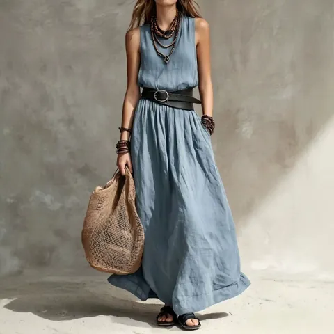 Women French Style Sleeveless Maxi Dress Elegant A-Line Round Neck Solid Color Polyester Summer Vacation Long Dress Top And Bottom