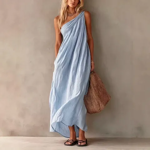Women Elegant One-Shoulder Maxi Dress Sleeveless Pleated Texture Polyester Solid Color Vacation Summer Long Dress