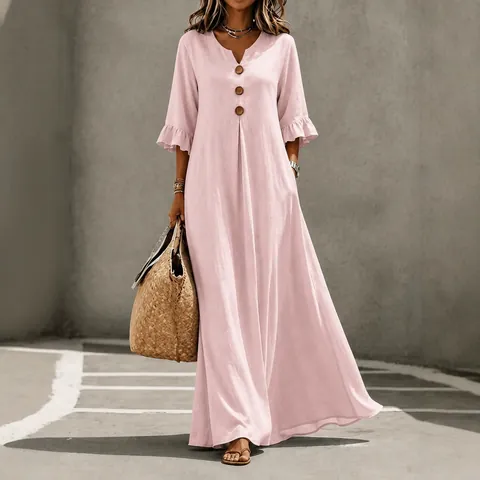 Robe Longue Femme Col en V Manches à Volants Bohème Couleur Unie Ample Polyester Élasthanne Robe de Vacances
