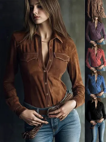 Dames Effen Kleur Suède Lange Mouwen Overhemd Met Zakken Vintage Casual Commute Slim Fit Revers Blouse Top
