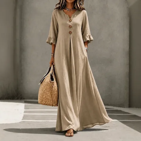 Robe Longue Femme Col en V Manches à Volants Bohème Couleur Unie Ample Polyester Élasthanne Robe de Vacances