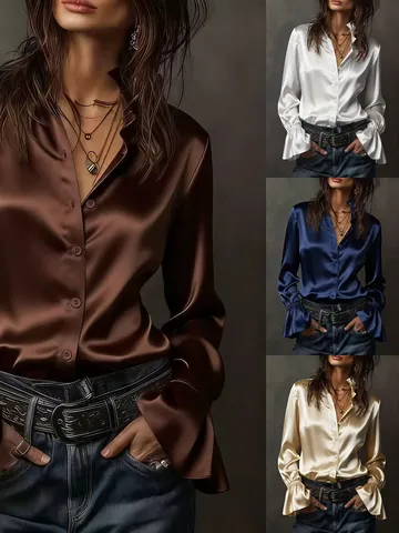 Dames Elegante Satijnen Blouse Kantoor Professioneel Effen Kleur Lange Mouw Top Met Rimpelmanchet Zakelijk Casual Overhemd