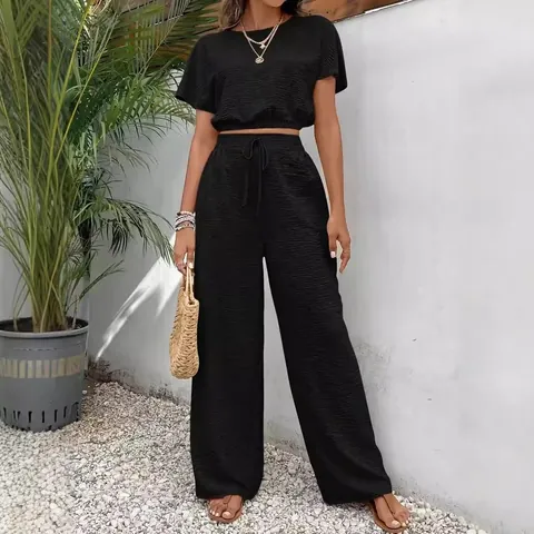 Women Casual Cotton Blend Top And Bottom Elegant Slim Fit Short Sleeve T-Shirt High Waisted Wide Leg Drawstring Pants