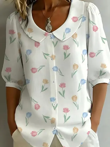 Women Floral Print Blouse Elegant Peter Pan Collar Puff Sleeve Polyester Button Up Casual Shirt Top For Daily Commuting