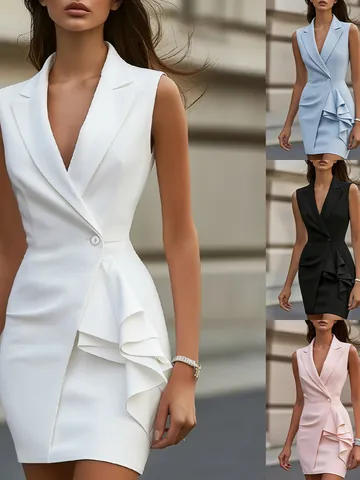 Women Elegant Solid Color Sleeveless Lapel Dress Sexy V-Neck Slim Fit Patchwork Ruffle Midi Dress Office Summer Clothing