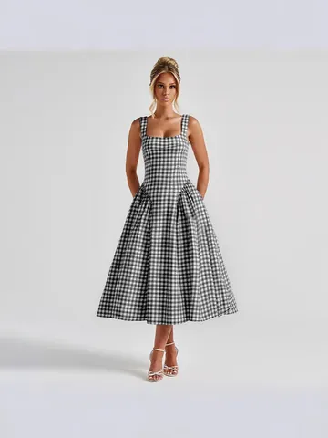 French Plaid Printed Midi Dress For Women Backless Slim Fit Square Neck Gingham Princess Dress Casual Summer Holiday Party Dress