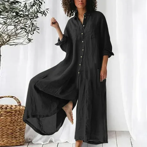 Women Cotton Linen Jumpsuit Long Sleeve Button Wide Leg One Piece Jumpsuit For Women British Style Loose Solid Color Top And Bottom