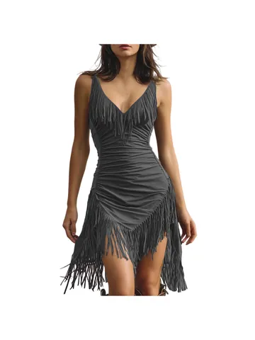 Sexy Deep V-Neck Sleeveless Ruched Suede Midi Dress With Tassel Fringe Patchwork Bodycon Party Dress For Women
