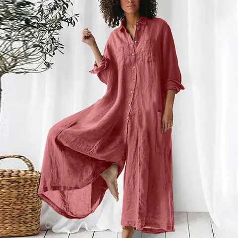 Women Cotton Linen Jumpsuit Long Sleeve Button Wide Leg One Piece Jumpsuit For Women British Style Loose Solid Color Top And Bottom