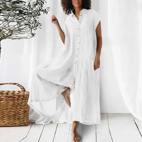 Combinaison Décontractée en Coton et Lin pour Femmes Grande Taille Boutonnée Jambe Large Sans Manches Top And Bottom pour Vacances