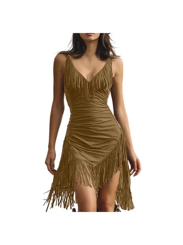 Sexy Deep V-Neck Sleeveless Ruched Suede Midi Dress With Tassel Fringe Patchwork Bodycon Party Dress For Women